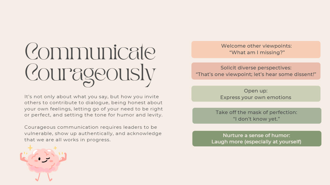 Psychological Safety A PowerPoint slide displaying the words Communicate Courageously and a cartoon brain character flexing its muscles.