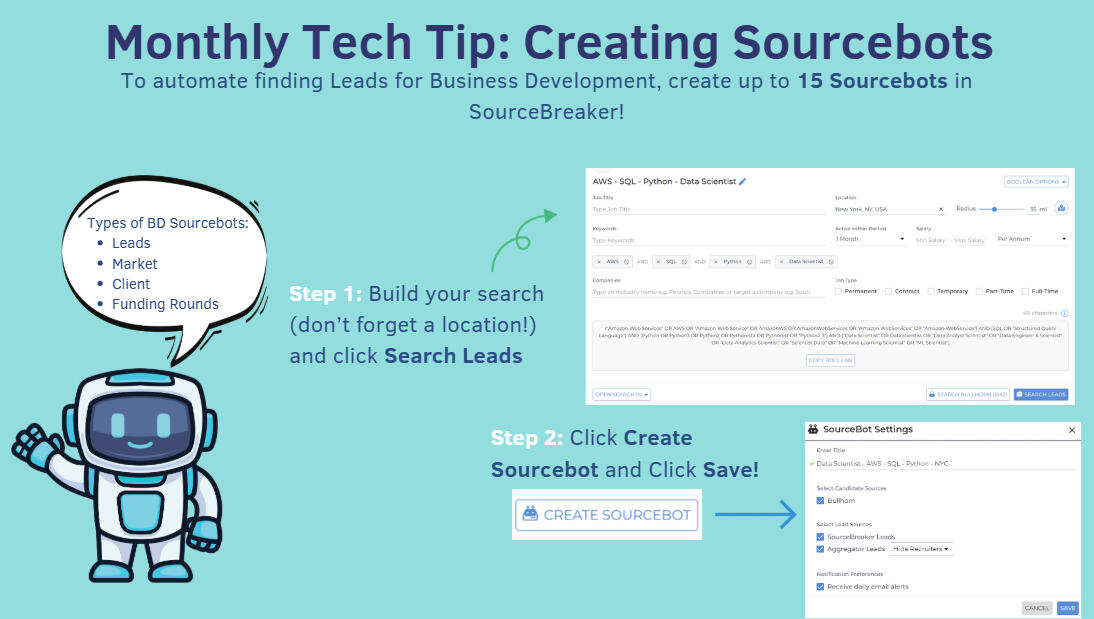 A PowerPoint slide with a graphic of a cartoon robot and Monthly Tech Tip: Creating Sourcebots in the system SourceBreaker