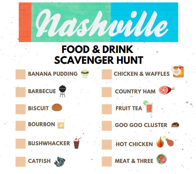 Scavenger Hunt An image of a Scavenger hunt list of food and drink in Nashville, along with a checkbox and an icon representing each list item: banana pudding, barbecue, biscuit, bourbon, bushwhacker, catfish, chicken and waffles, country ham, fruit tea, Goo Goo Cluster,