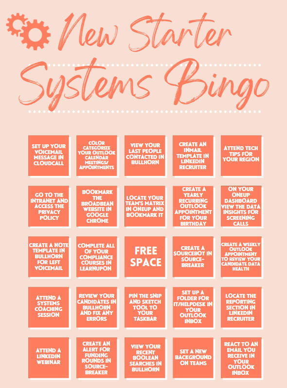 BINGO An image of a BINGO card for New Starters Systems BINGO.